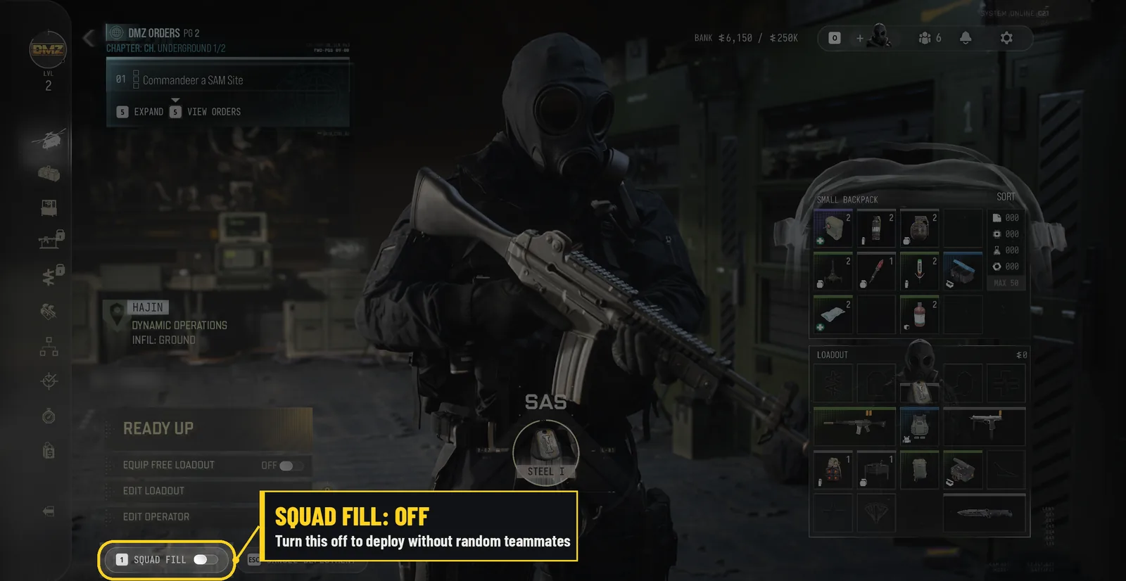 The DMZ Ready Up screen with the Squad Fill toggle in the bottom left corner highlighted and switched off.